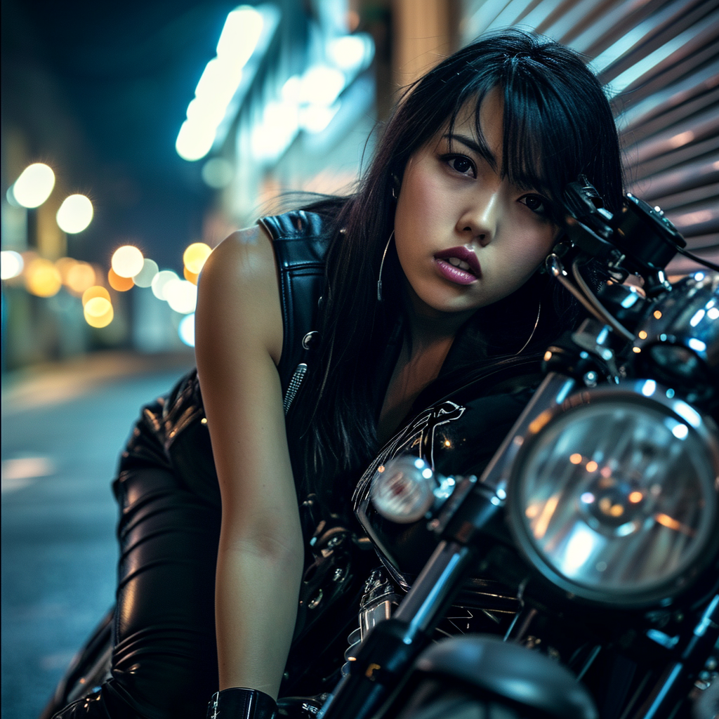 Hot female Japanese rock star on custom motorcycle