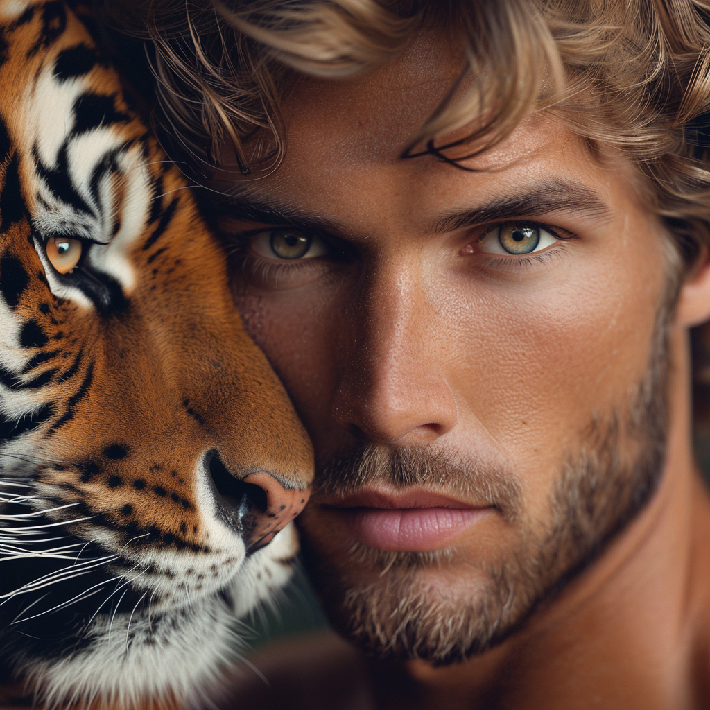 Hot Male Model with Vibrant Tiger