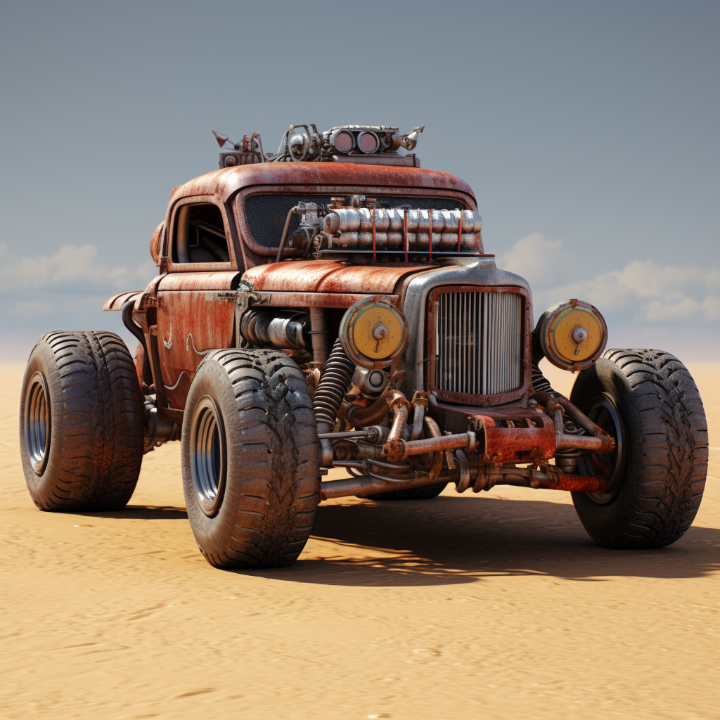 Hot rod car in post-apocalyptic setting