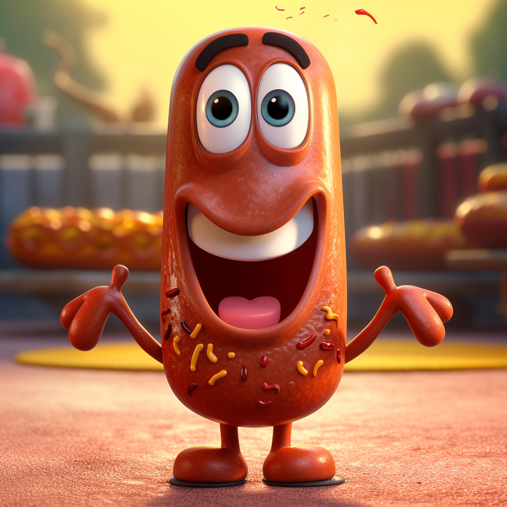 Cute hotdog character in Disney-style cartoon