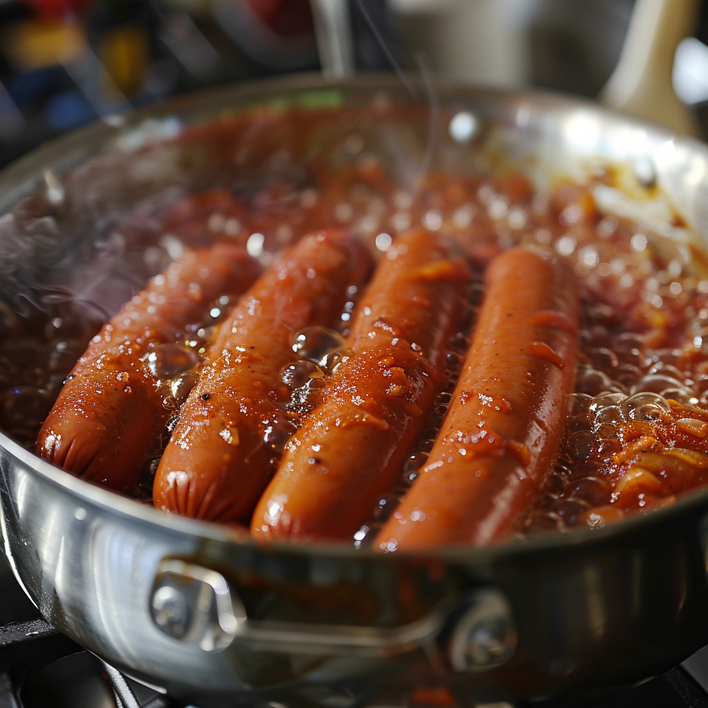 hotdogs boiling in pot