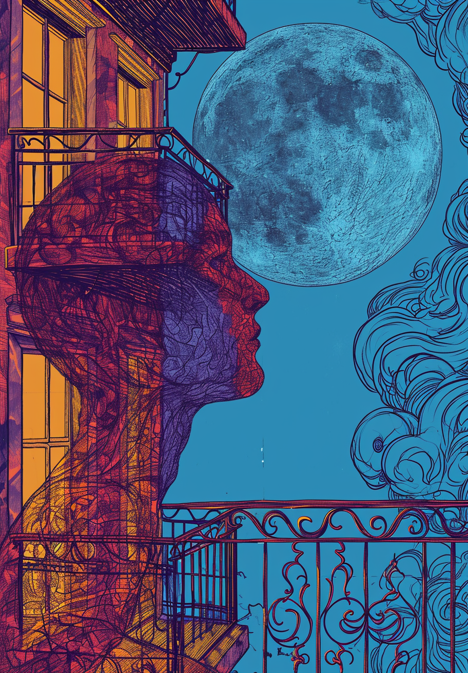 Hotel Balcony Blue Moon Line Drawing