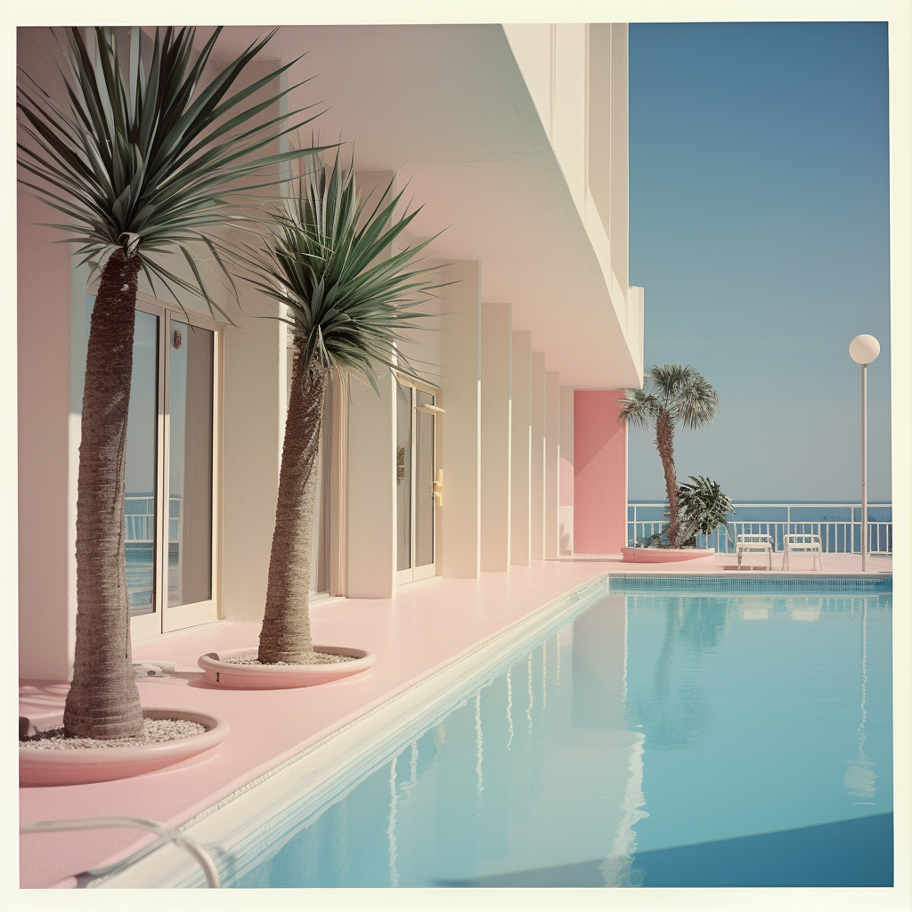 Serene hotel pool with pastel colors