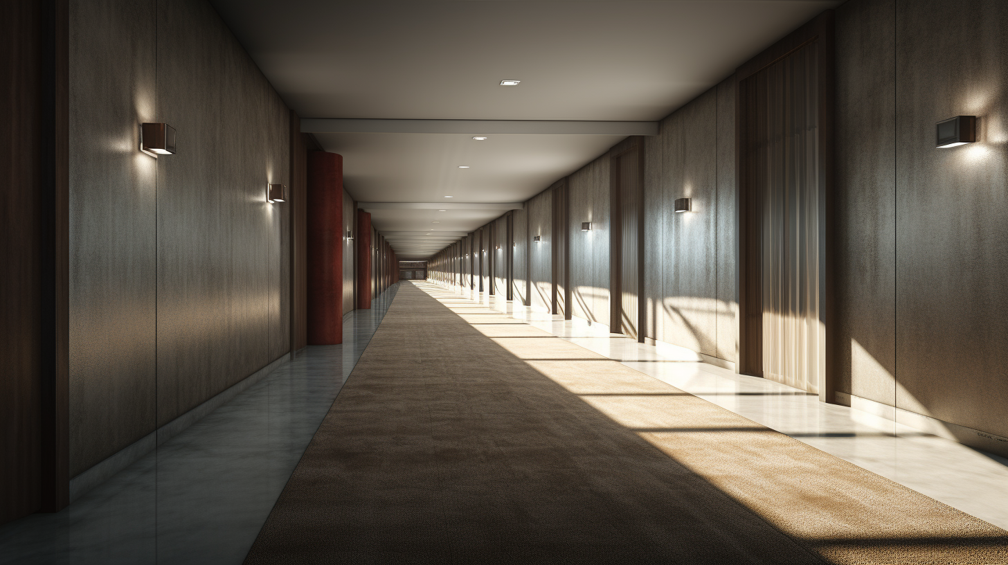 Minimal hotel room corridor with clean design