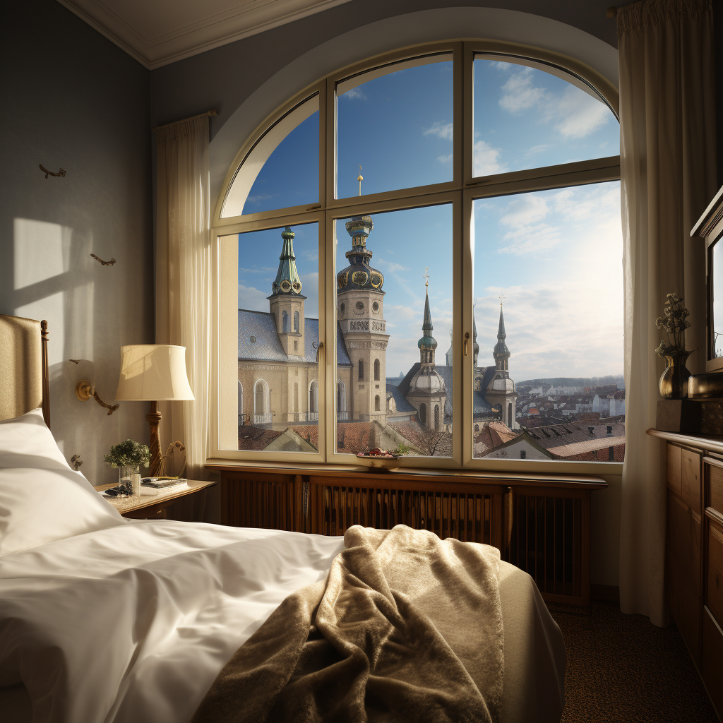 Beautiful hotel room with a view of an old European capital