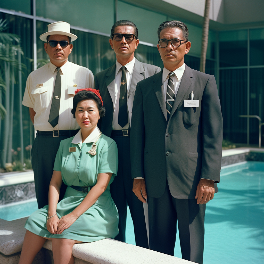 Hotel staff and mother by pool