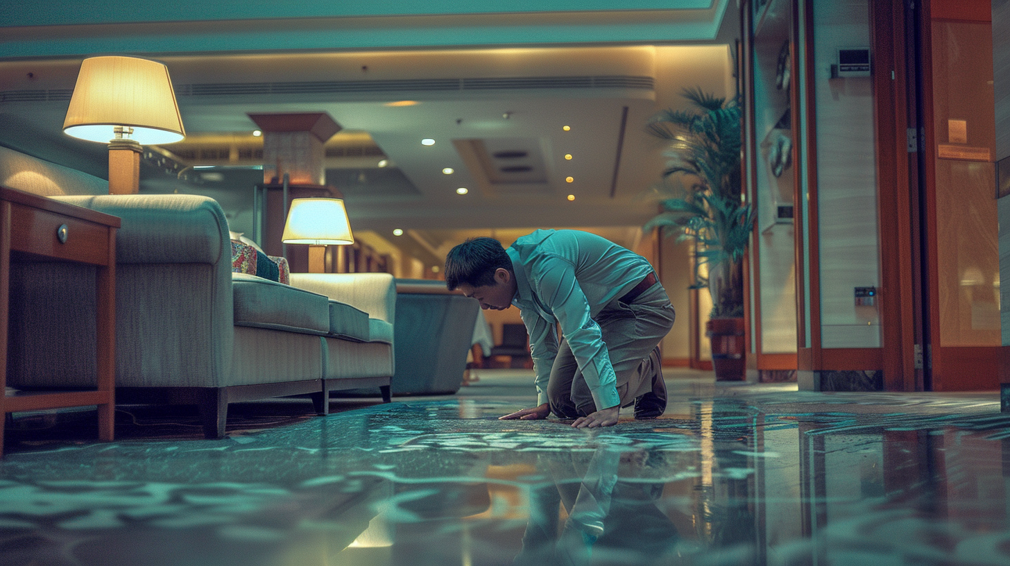 Hotel staff looking under sofa