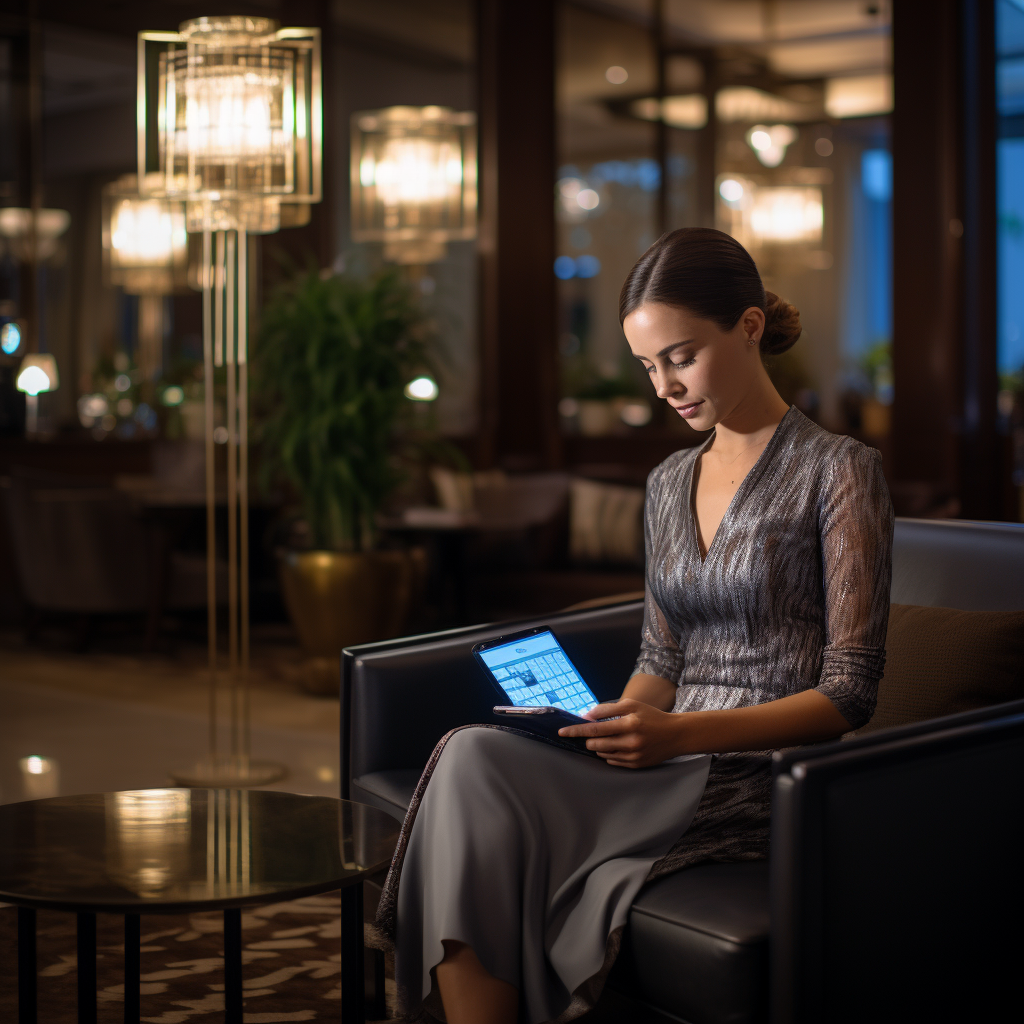 Hotel guest in luxurious modern lobby