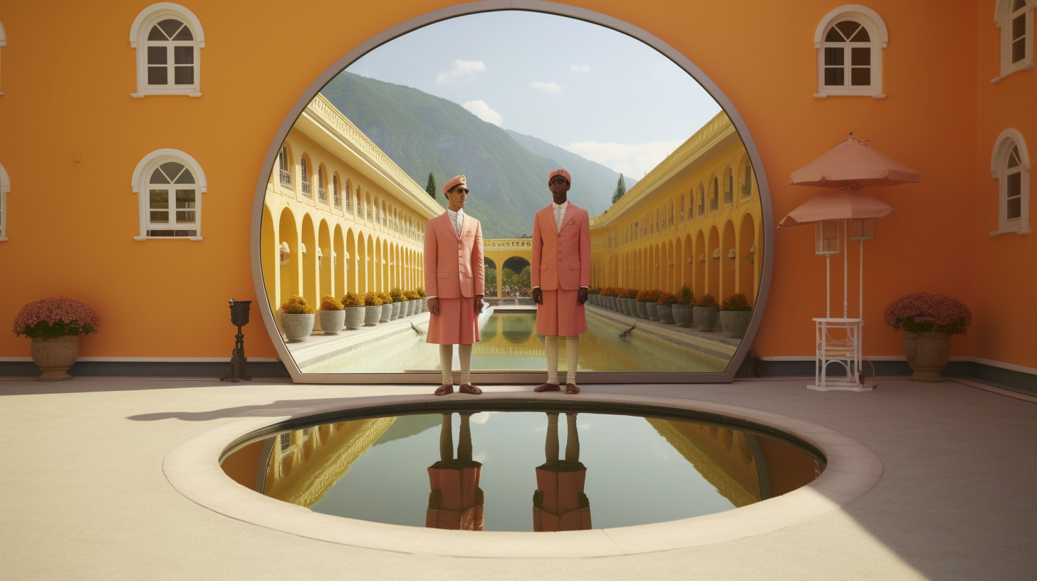 Two hotel staff personnel holding a giant mirror