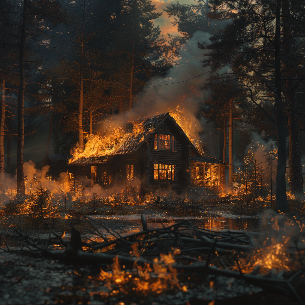 house on fire in forest