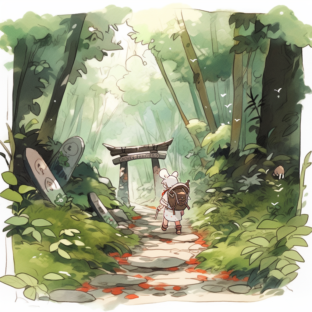 Adorable chibi characters exploring a whimsical house-forest path