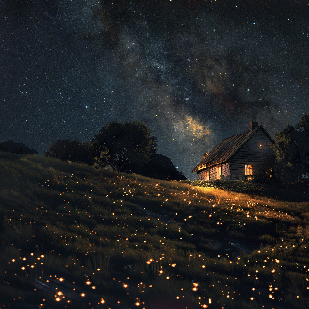 House on Grassy Hill at Night