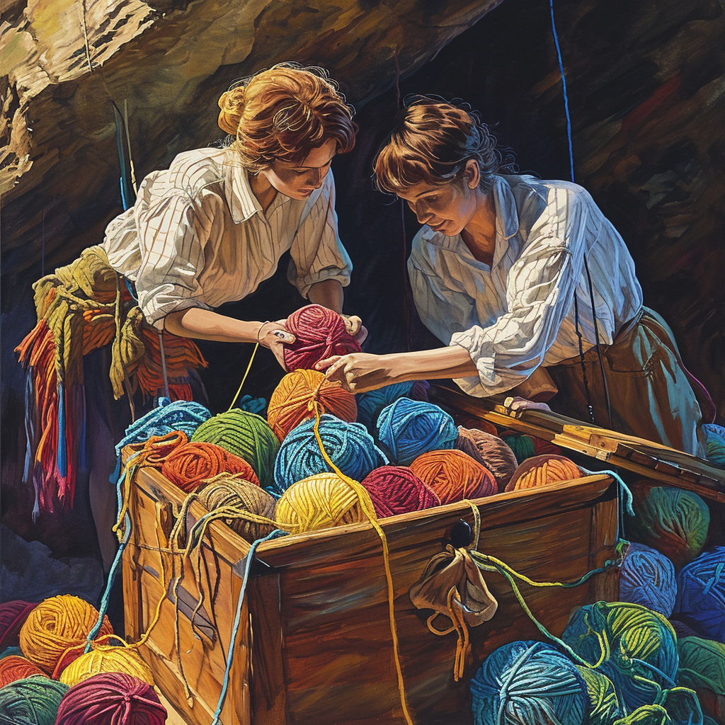 Archeologists opening treasure chest filled with yarn balls