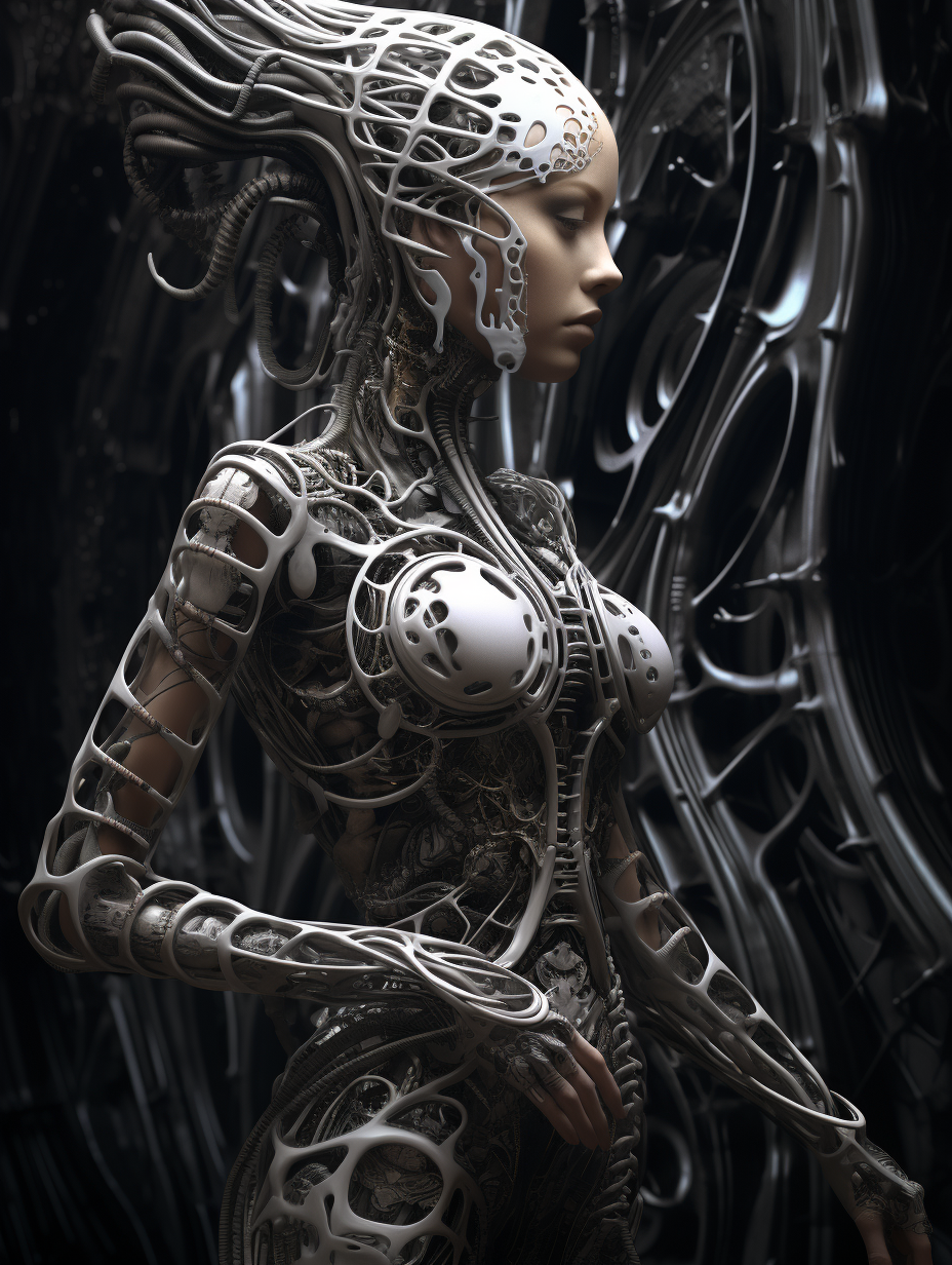 Stunning woman in HR Giger-inspired artwork