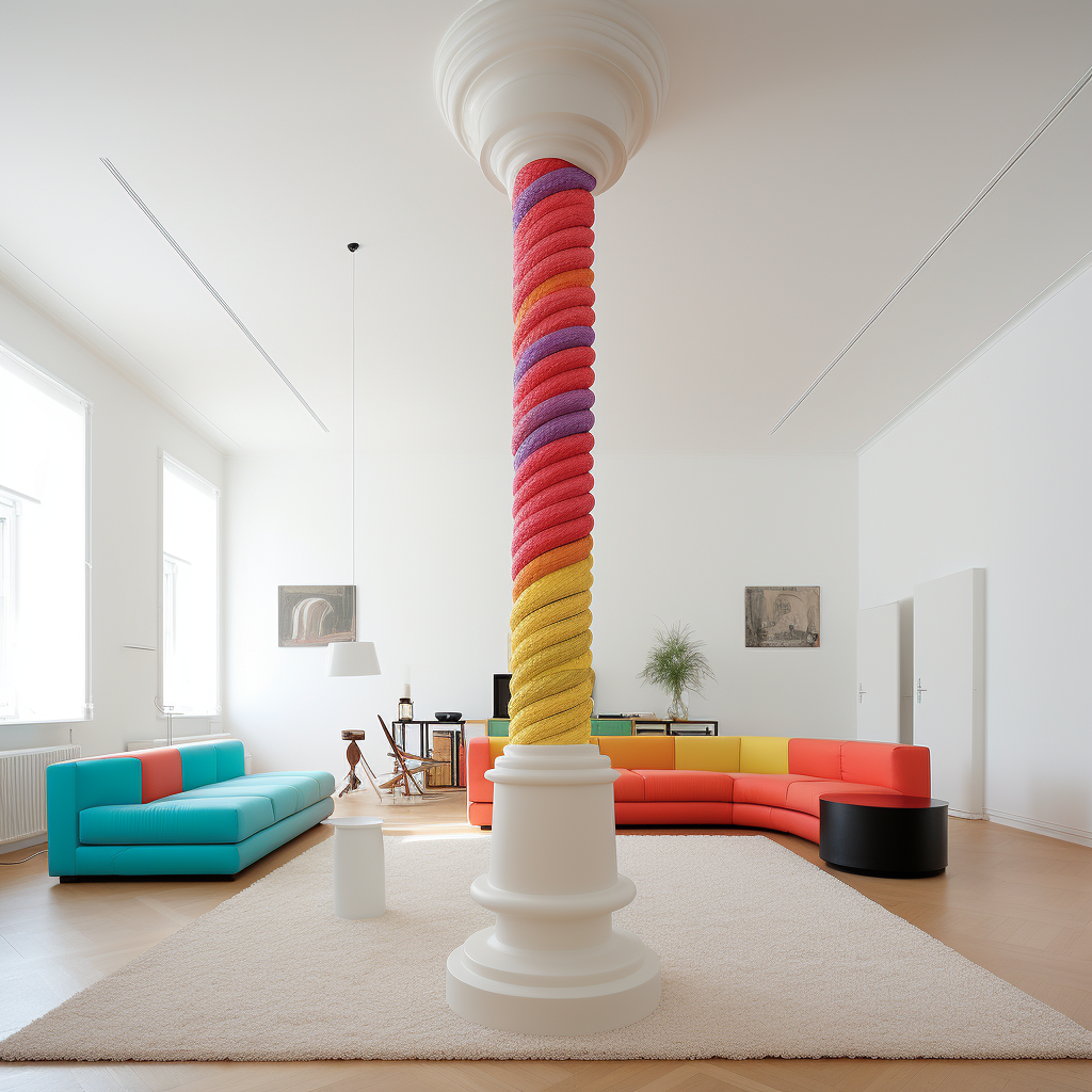 A beautiful white room with a vibrant braided cable surrounding a column