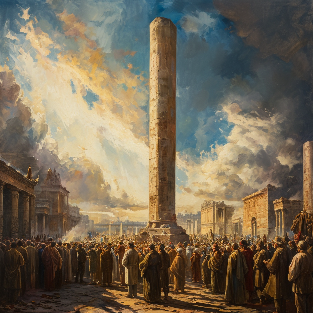 Crowds in awe of massive pillar