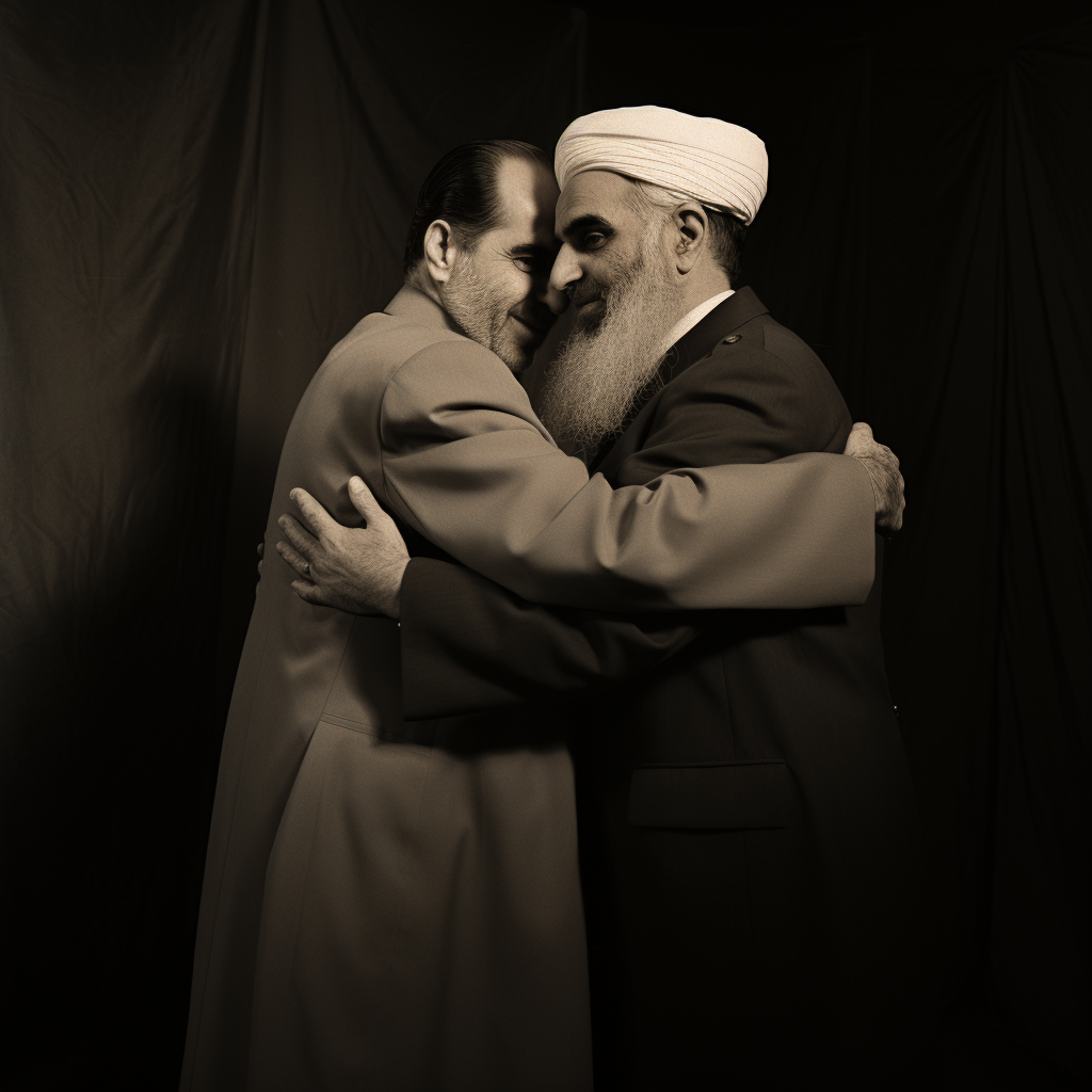 Imam Khomeini and Shah of Iran sharing an embrace