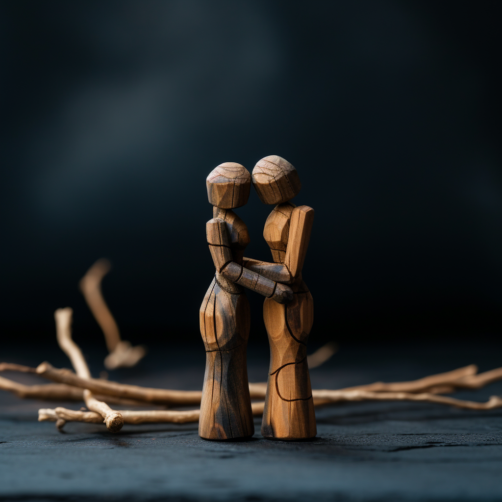 Two wooden figurines embracing each other