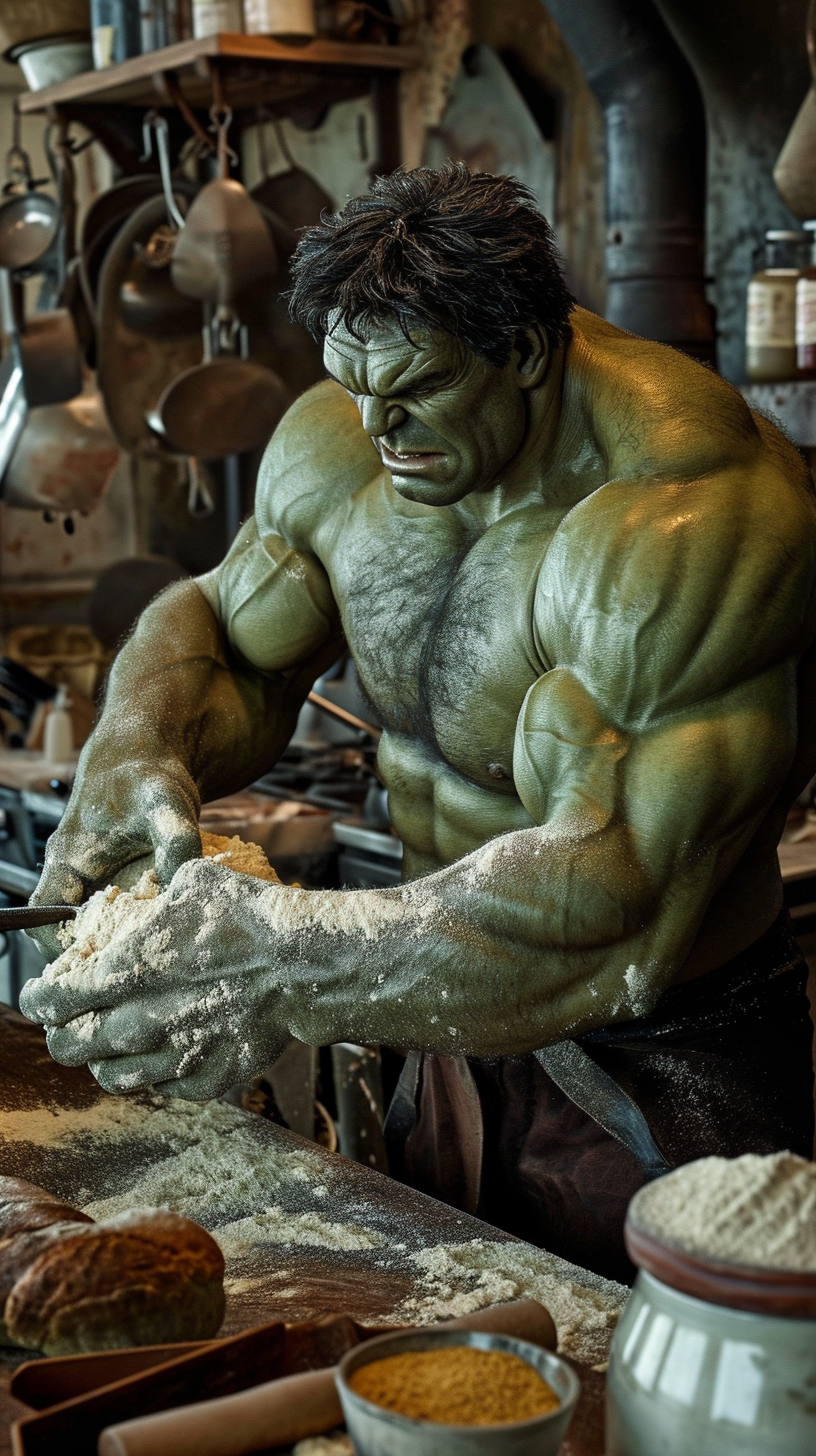 Hulk baking bread with concentration