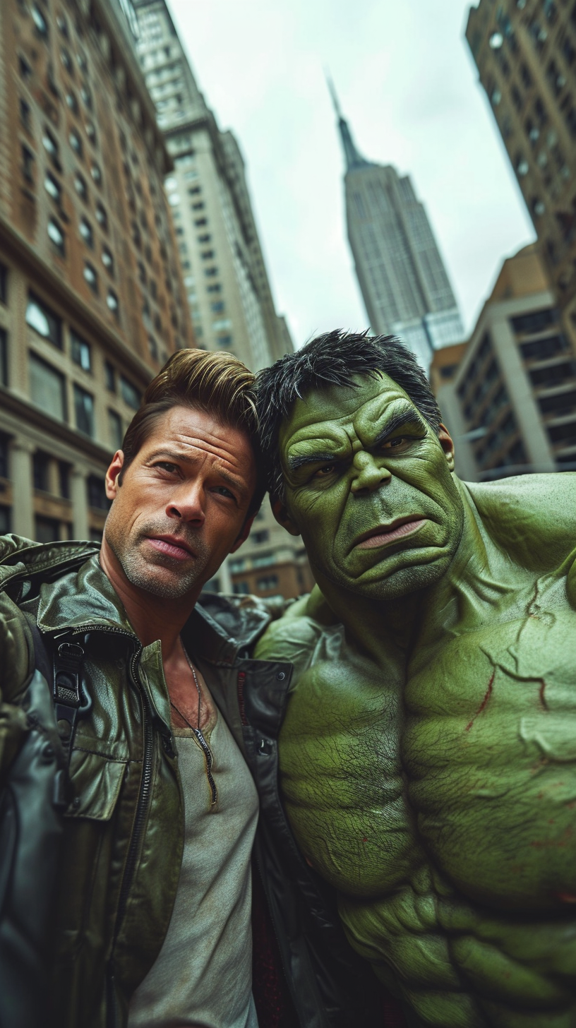 Hulk and Brad Pitt in New York selfie