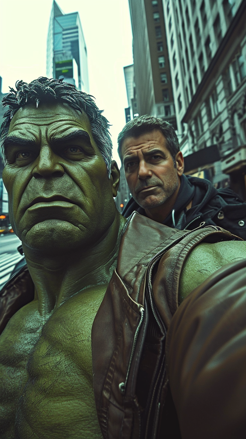 Hulk and George Clooney in New York taking a hyperealistic selfie