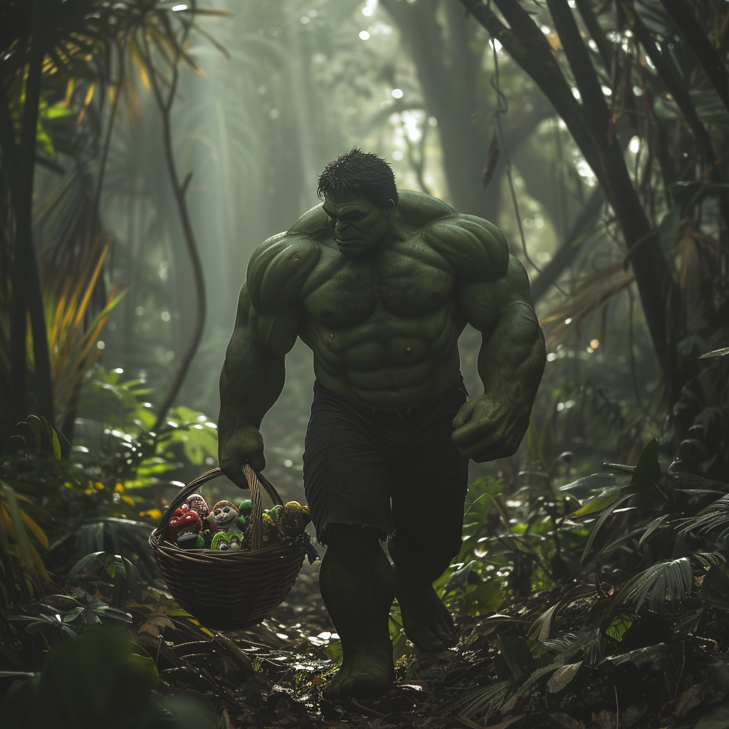 Hulk in Rainforest with Clown Heads