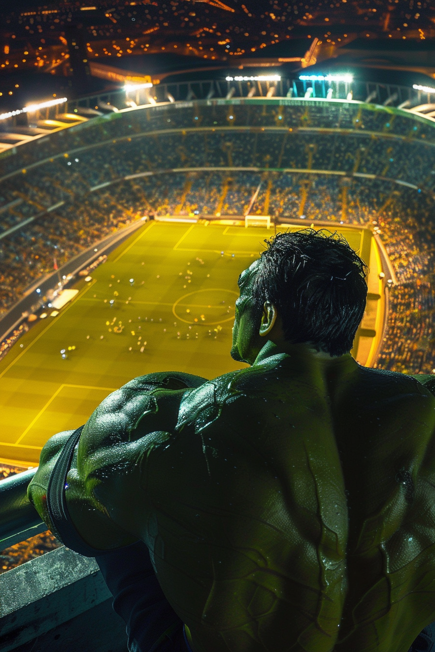 Hulk overlooking football stadium match