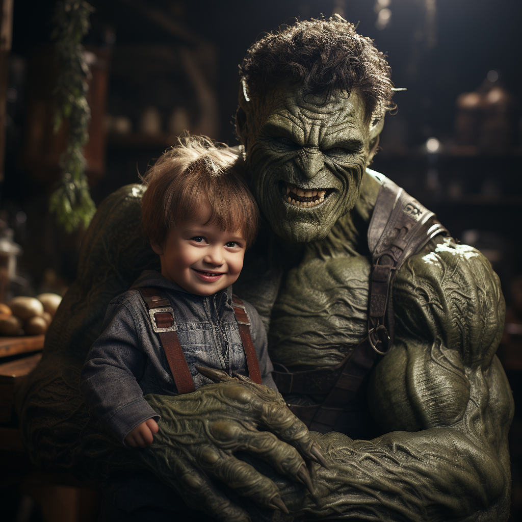 Hulk and happy child together