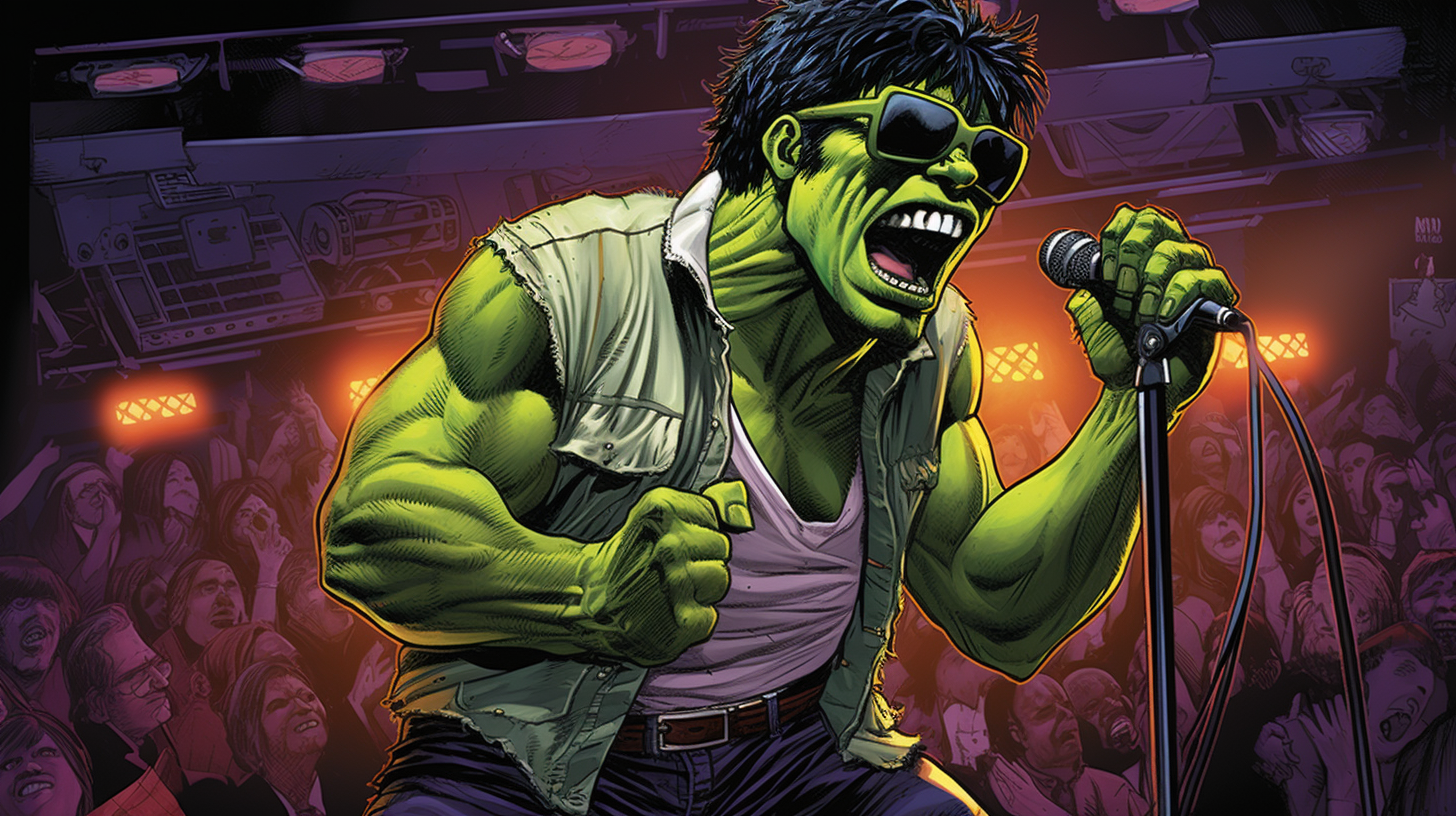 The Hulk performing as a rockstar on stage