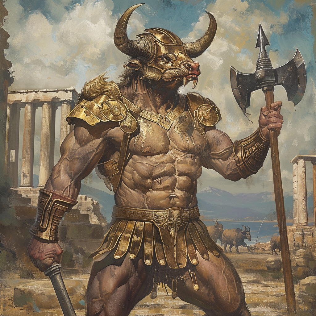 Minotaur in Ancient Greek Ruins with Great Axe