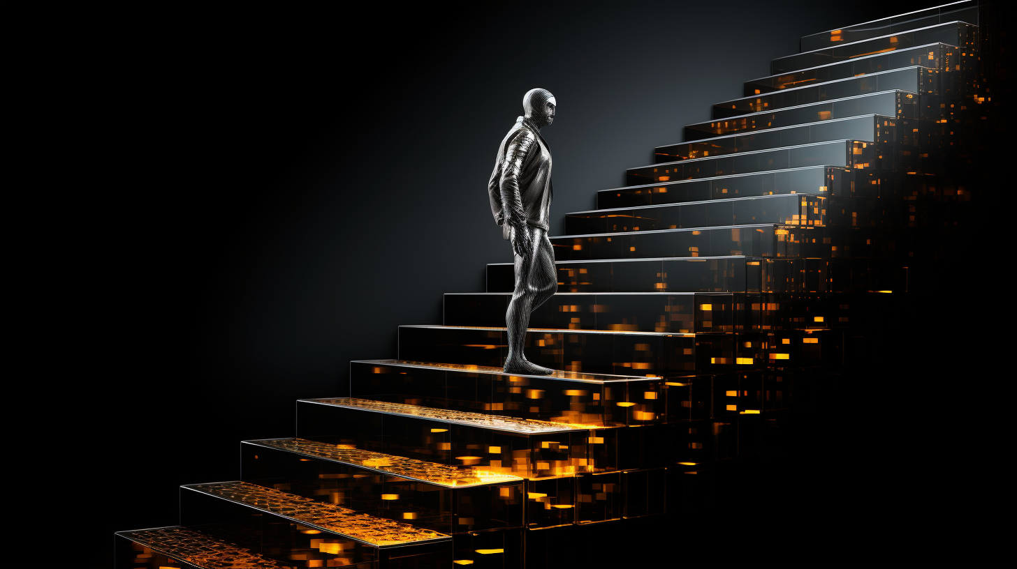 Human AI walking up staircase on black background