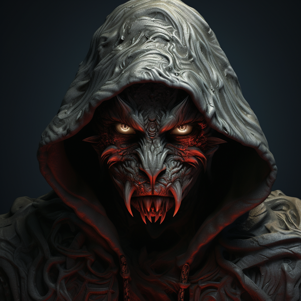 Detailed image of human-animal with rogue hood and demon eyes