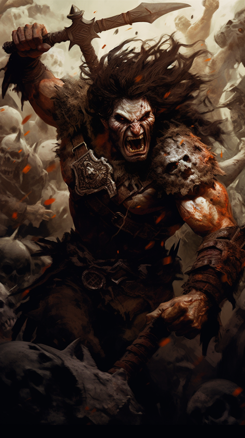 Fierce human barbarian warrior fighting orcs