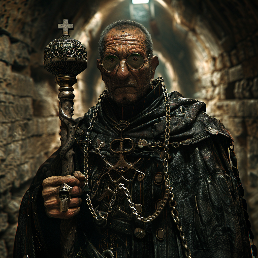 Human cleric holding mace catacomb