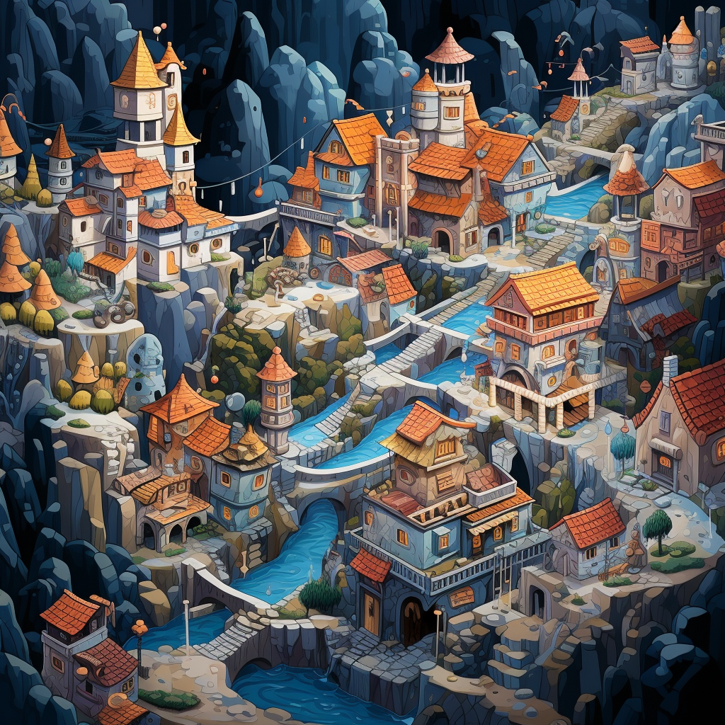 Acrylic-style painted human fantasy town