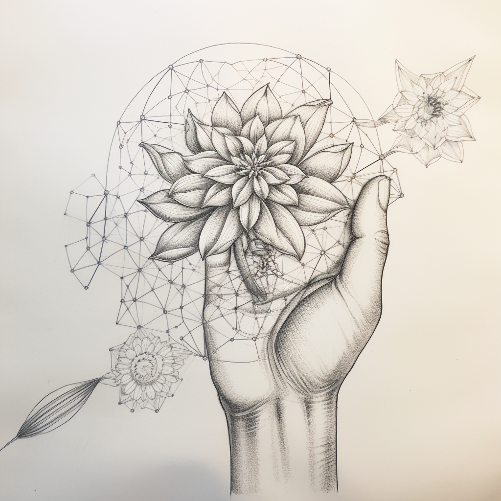 Sketch of human hand with flower of life