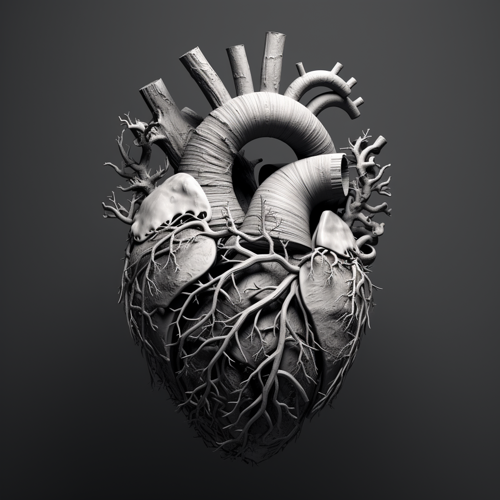 Detailed black and white human heart illustration