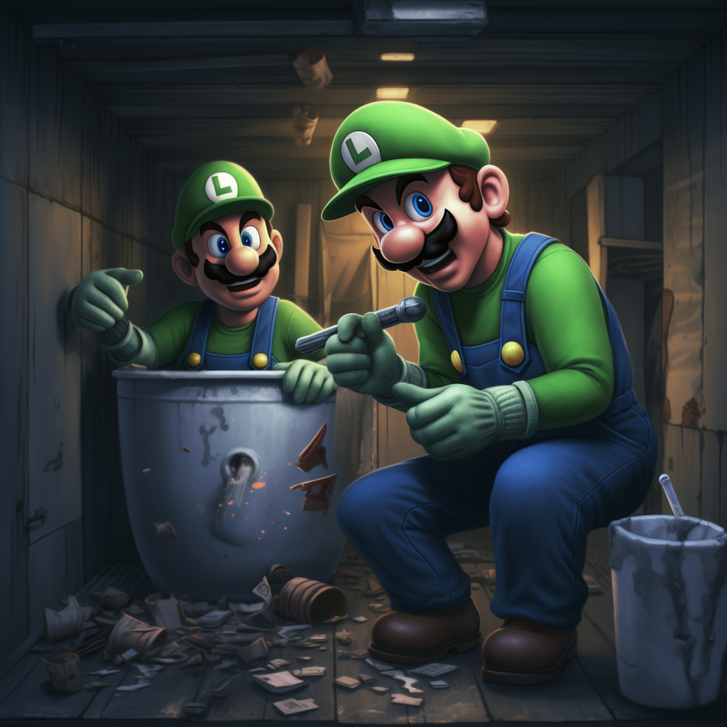 Mario Luigi fixing leaking toilet