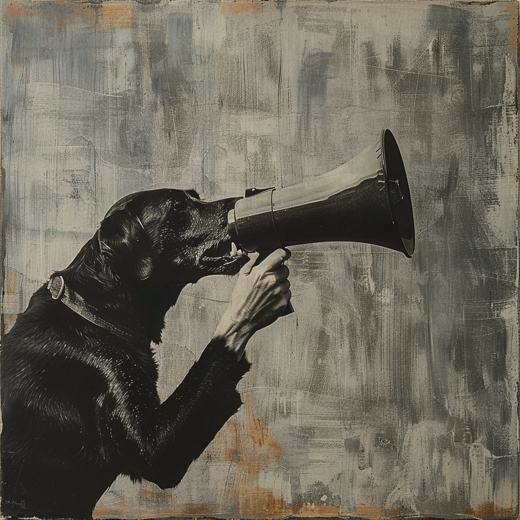 Human holding megaphone for dog