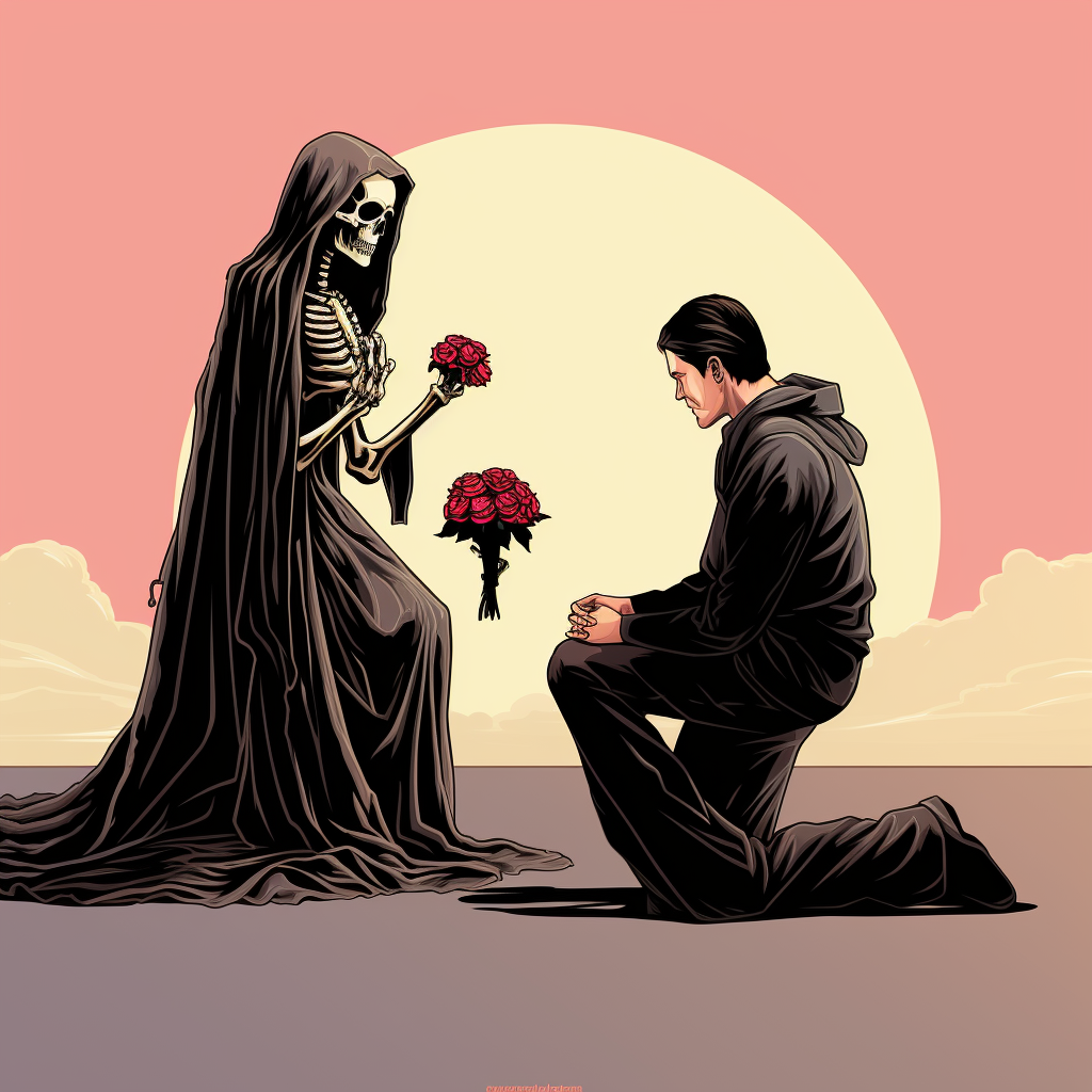 Cartoon image of human proposing to the grim reaper