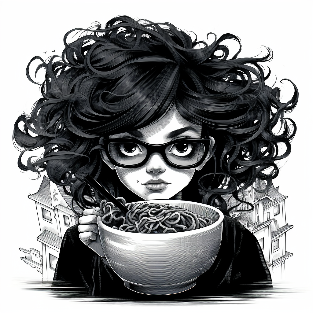 Cute human eating ramen illustration