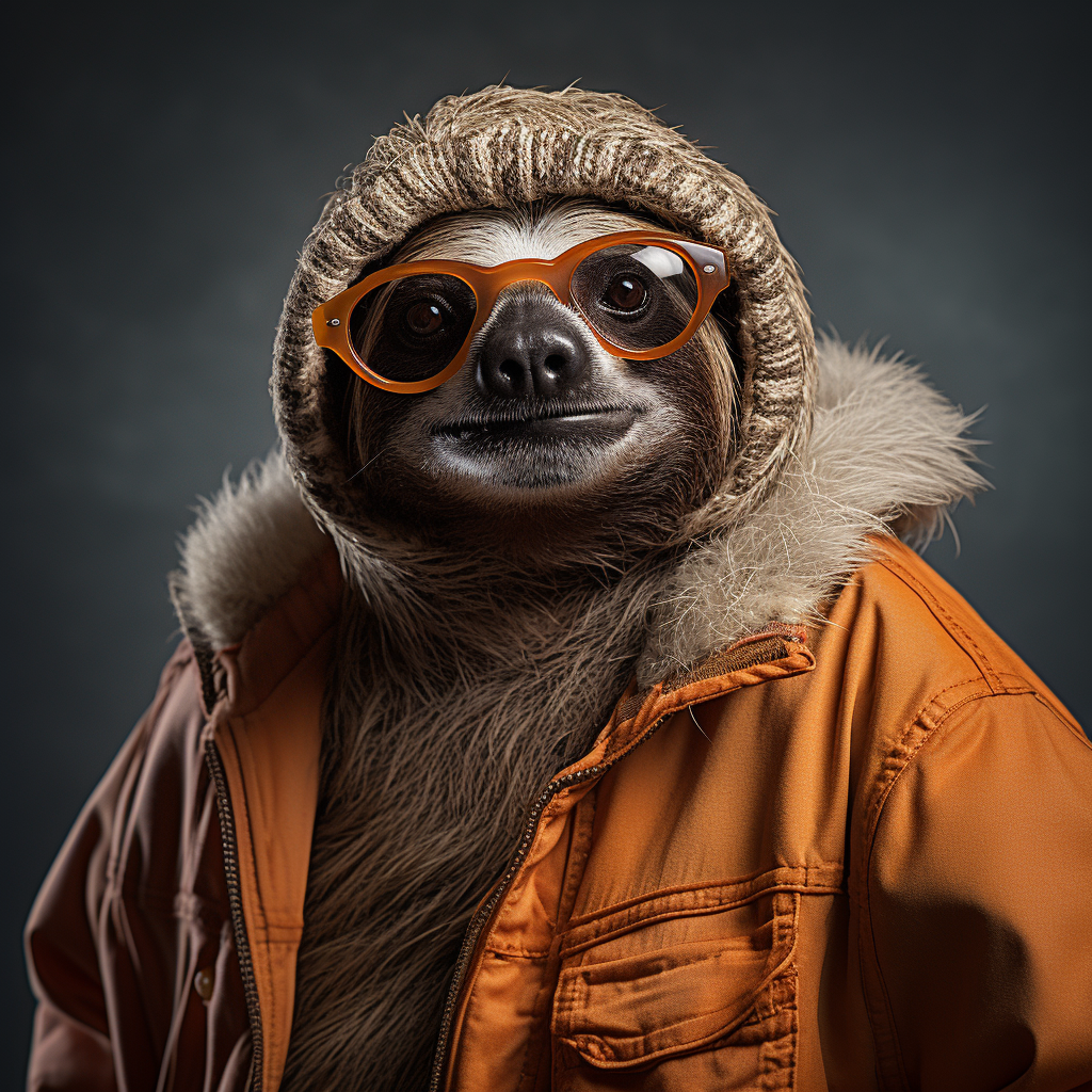 Human sloth hybrid wearing trendy clothes