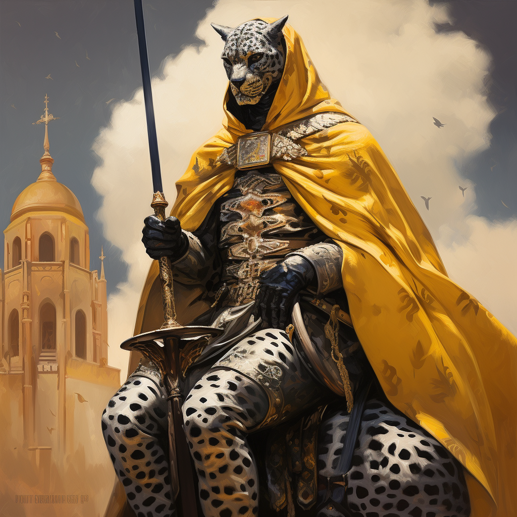 A brave human templar knight riding a yellow jaguar