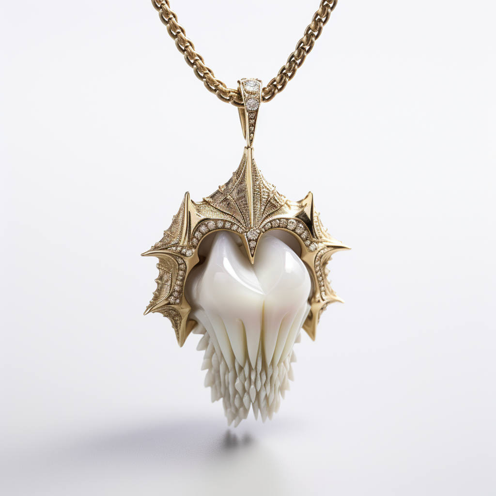 Detailed human tooth pendant necklace on white background