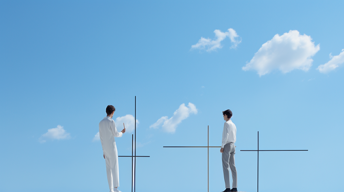 Male models in minimalist weathervane pose