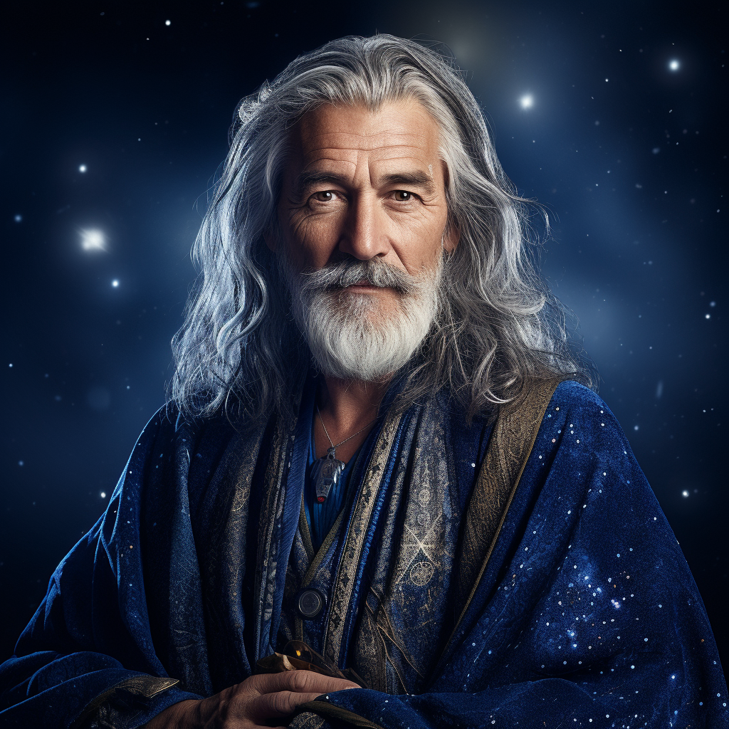 Human Wizard in Blue Robe with Silver Stars and Moons