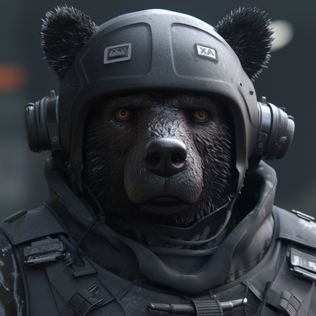 Close-up of hyperrealistic human bear agent gear