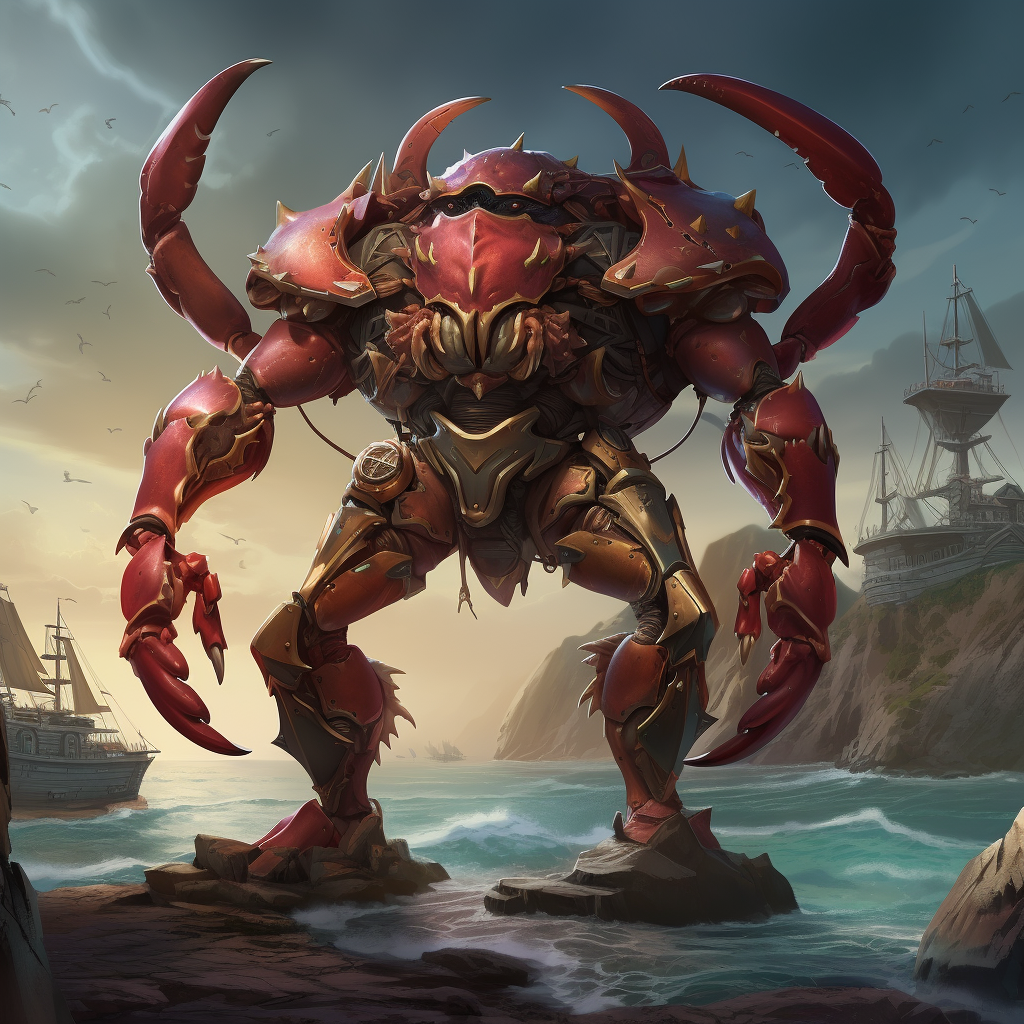 Human crab pirate on rocky islands fantasy illustration