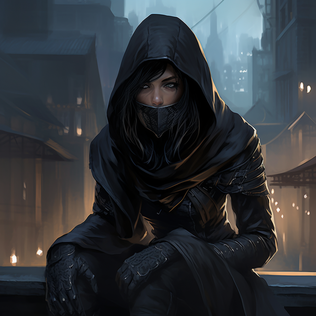 Stealthy female thief with black armor sitting on building