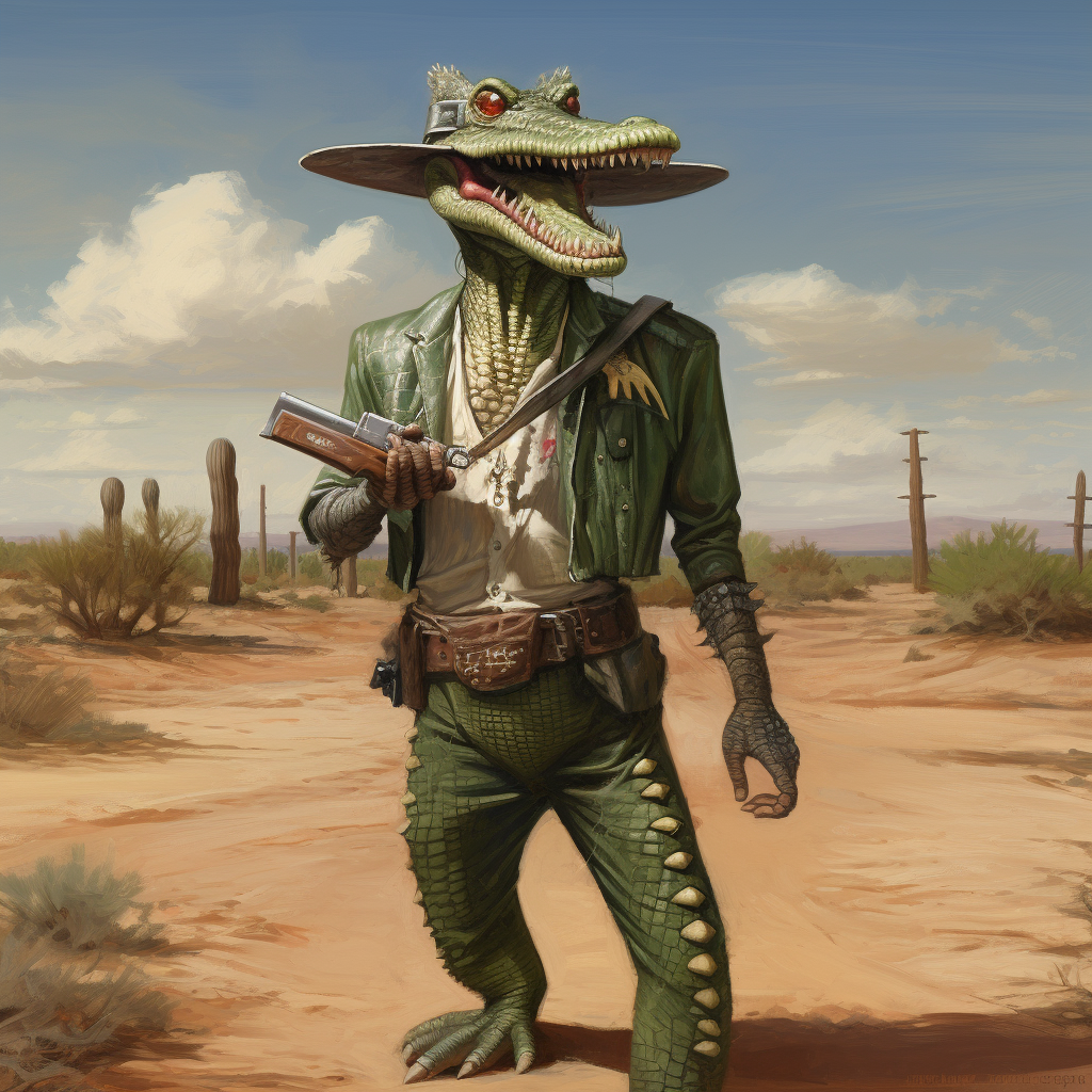 Green-skinned alligator hillbilly man with knife and cigar